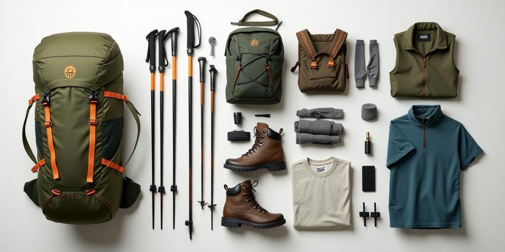 Flat lay of hiking gear including pack, boots, and trekking poles