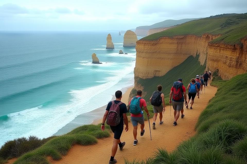 Group hiking along the Great Ocean Walk cliffs