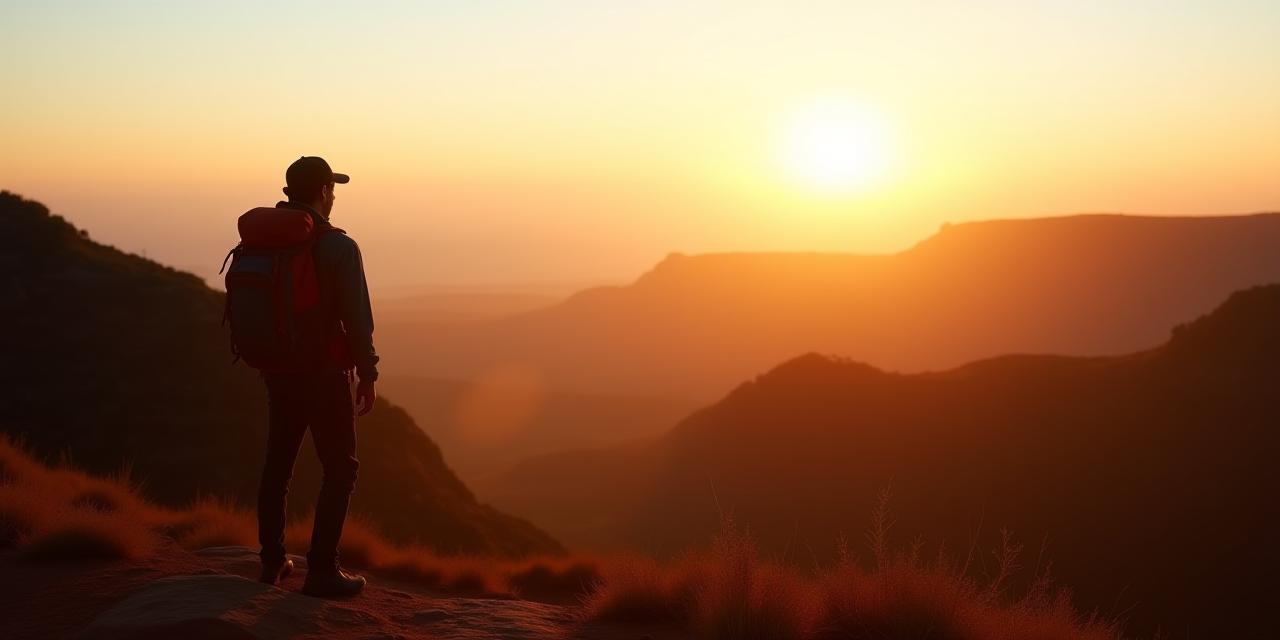 Hiker overlooking Australian outback at sunrise