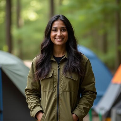 Priya Patel standing among camp gear